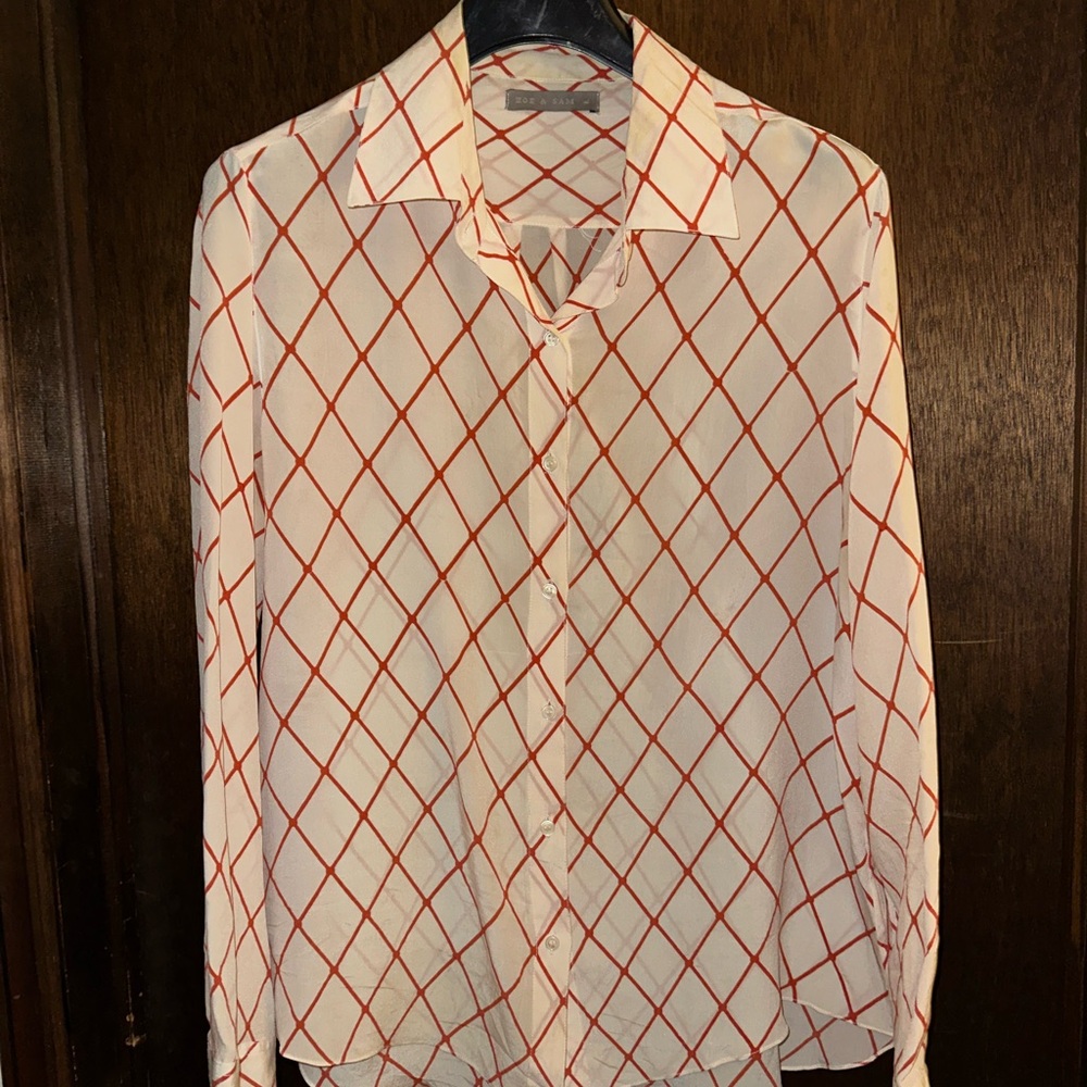 White and Red Blouse with Geometric Pattern